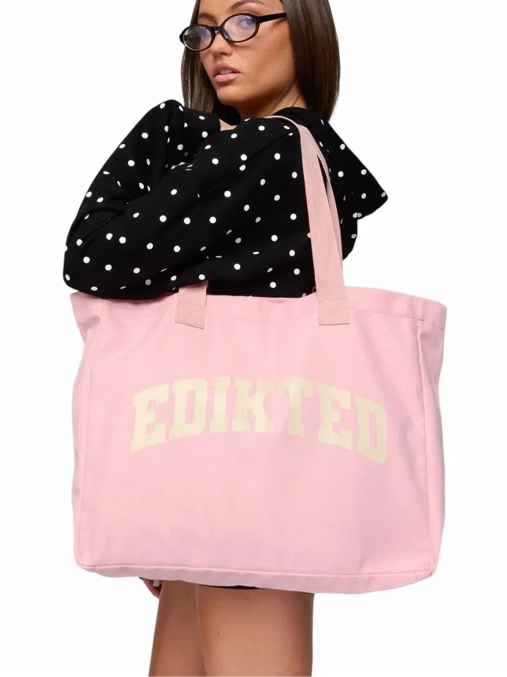 EDIKTED My Edikted Pink Collegiate Graphic Oversized Canvas Tote Bag